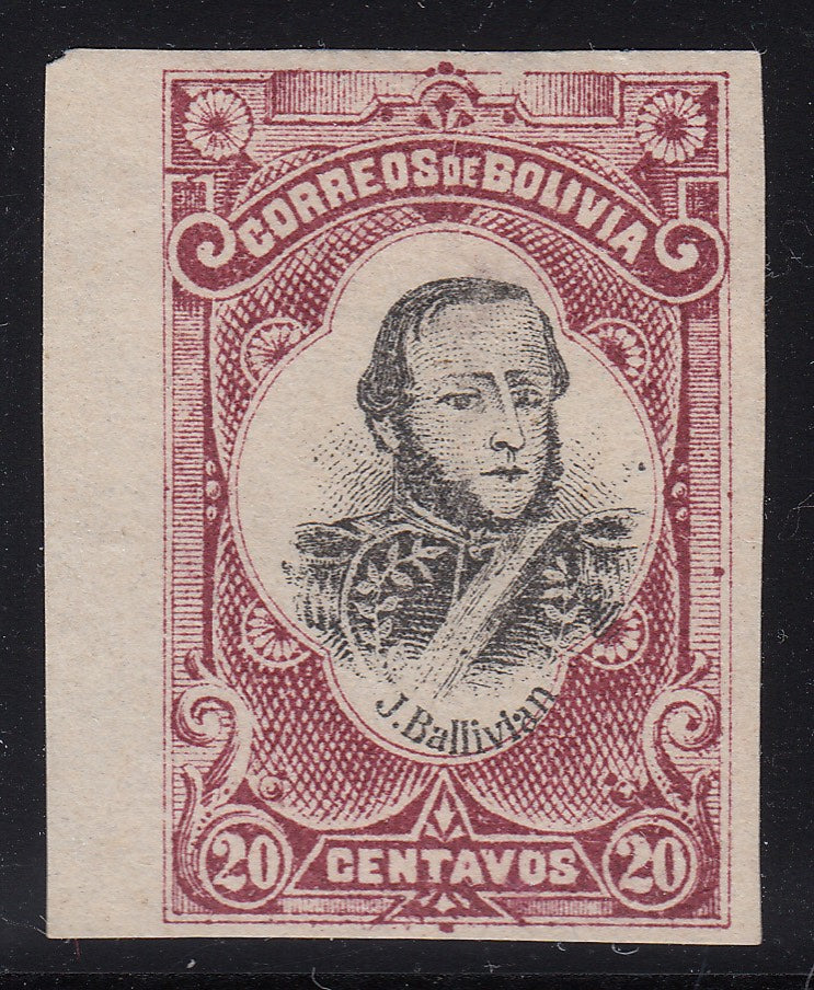 Bolivia 1897 20c Lake & Black Imperf LMM. Scott 51a var