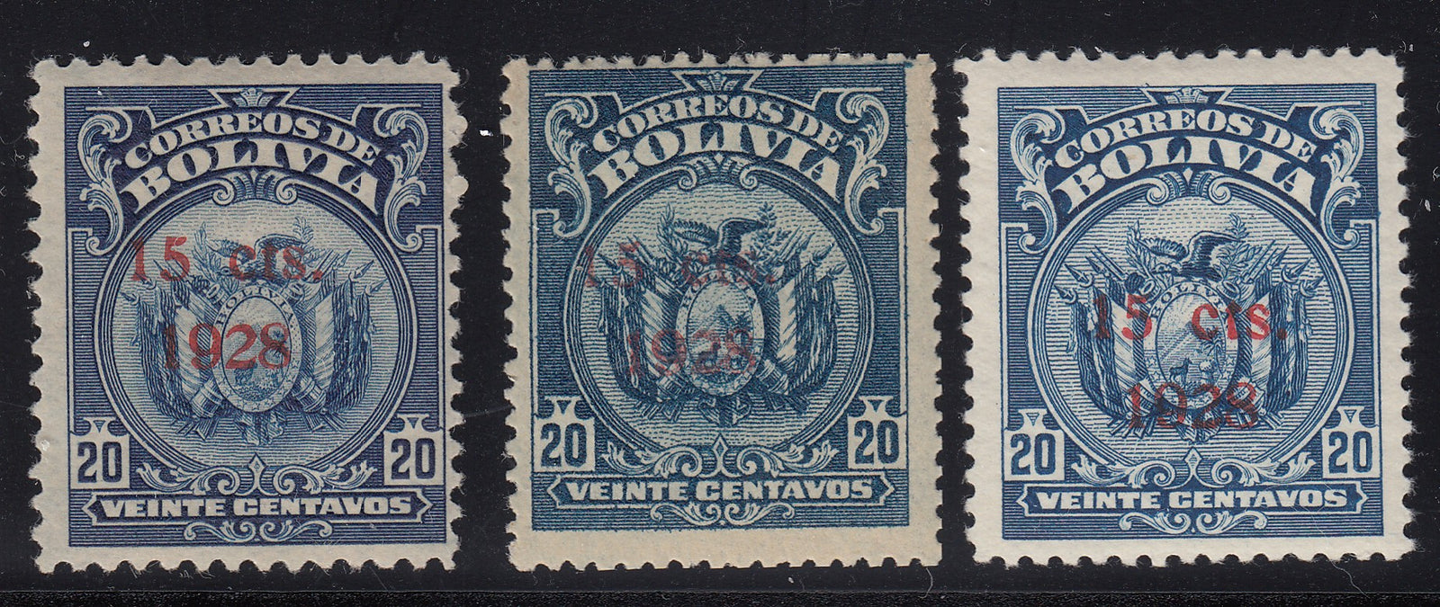 Bolivia 1928 15c on 20c Red Surcharge on 122,132 & 146 LM/VLM Mint. Scott 181-183