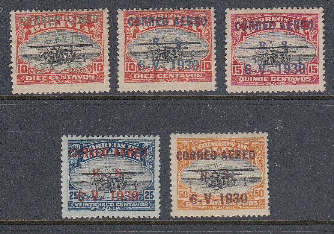 Bolivia 1930 Graf Zeppelin Airmail Overprints Short Set M/LM Mint. Scott C11-C16