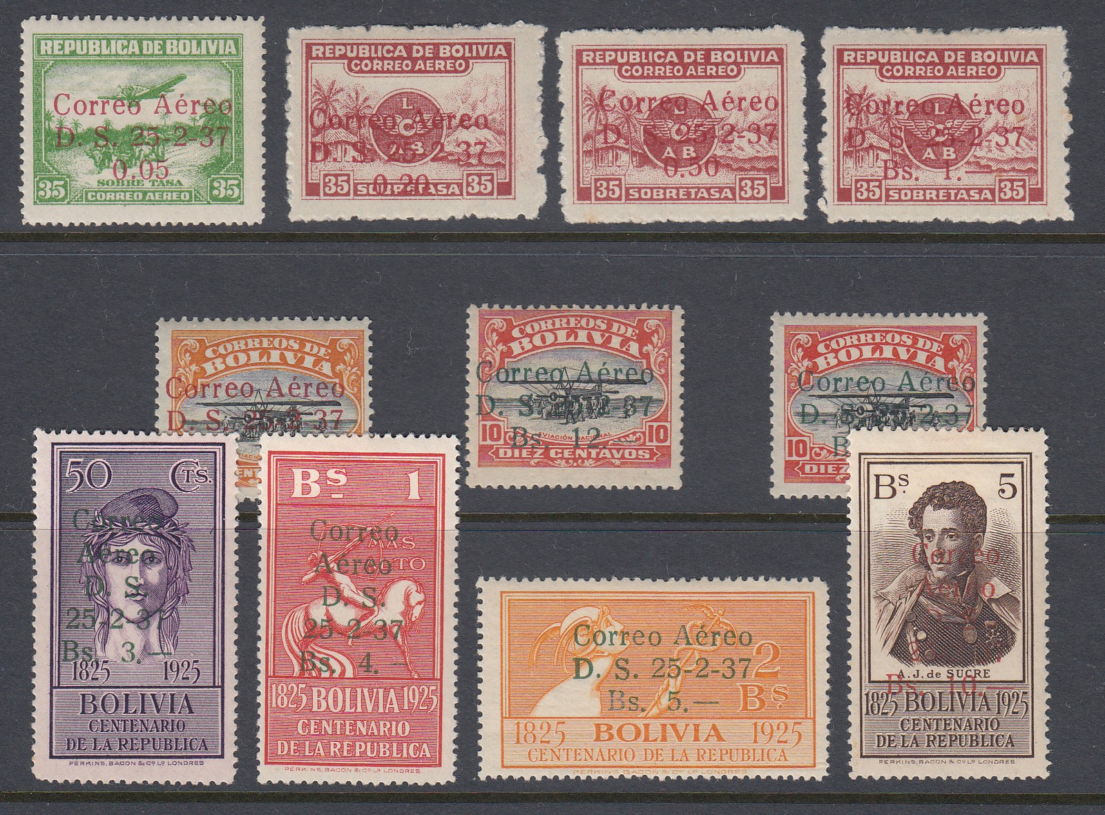 Bolivia 1937 Airmail Surcharge Set LM Mint. Scott C52-C62