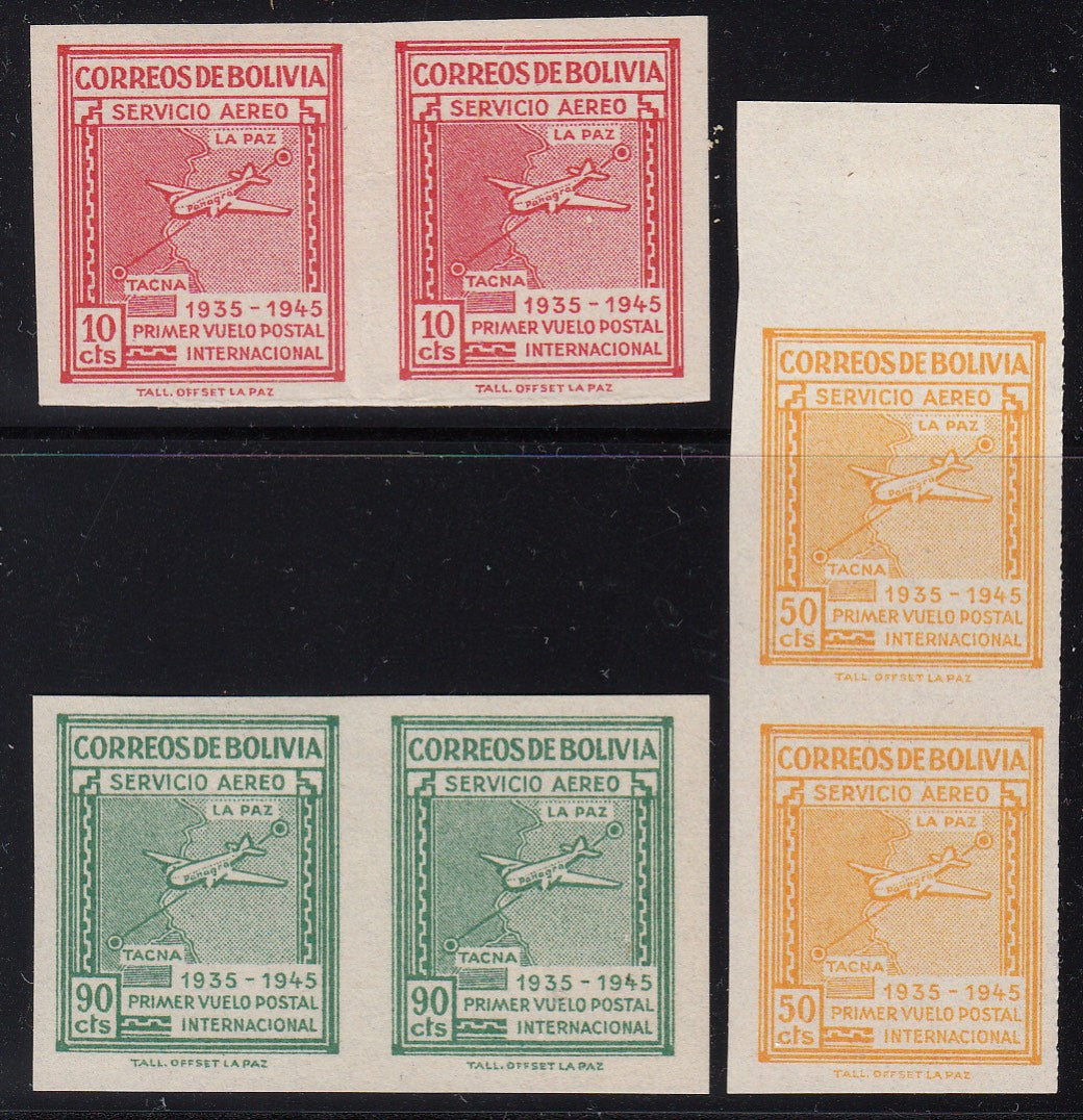 Bolivia 1945 First Flight Airmail Imperf Pairs MNH/LM Mint. Scott C100a-C102a