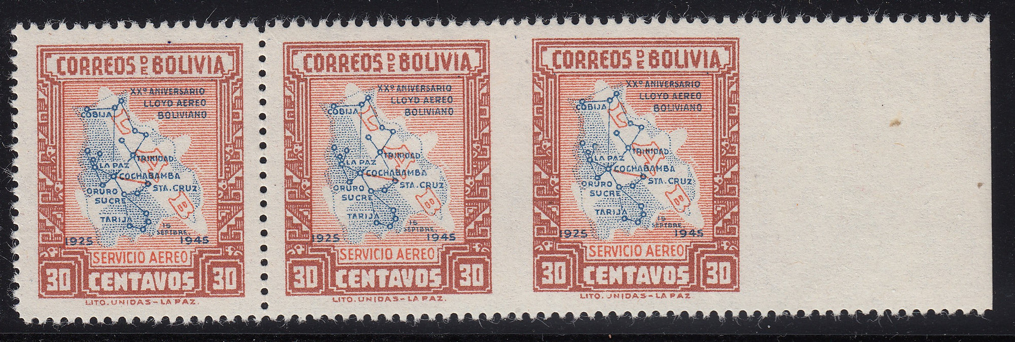 Bolivia 1946 30c Orange Brown Imperf Inbetween Strip of 3 MNH. Scott C106 var