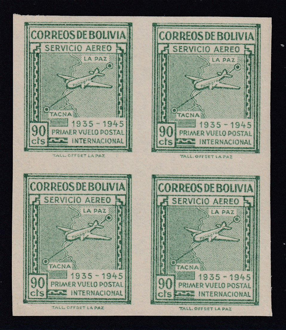Bolivia 1945 90c Light Green First Flight Airmail Imperf Block MNH/LM Mint. Scott C102a