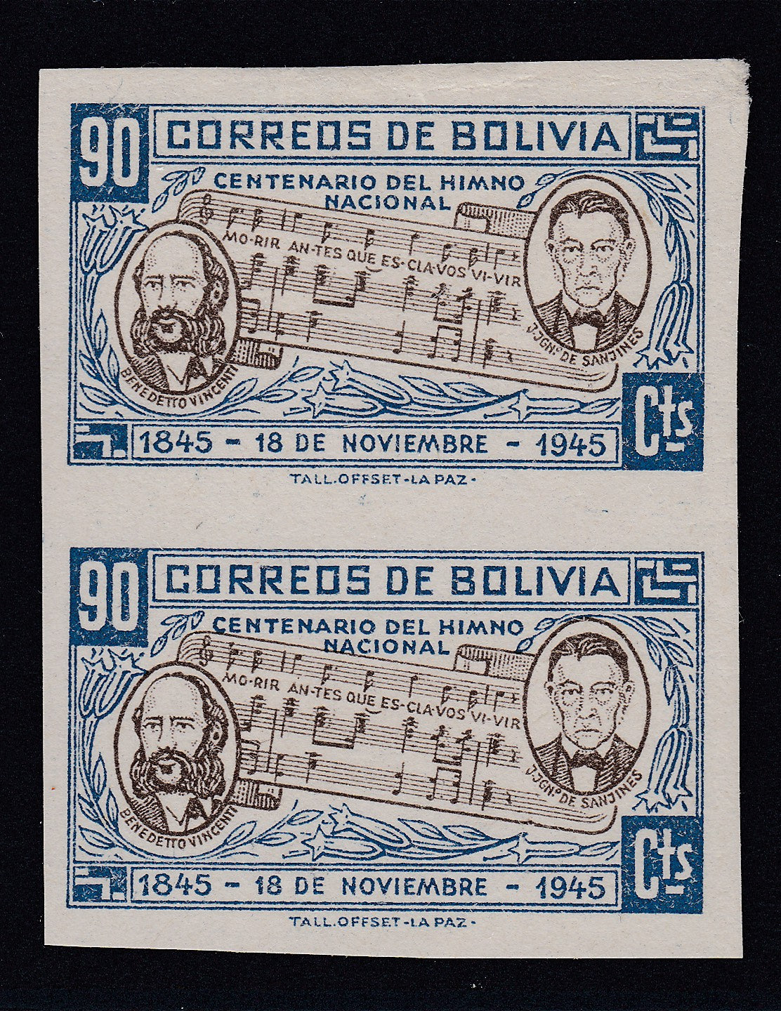 Bolivia 1946 90c Dark Blue & Brown Imperf Pair MNH. Scott 312 var