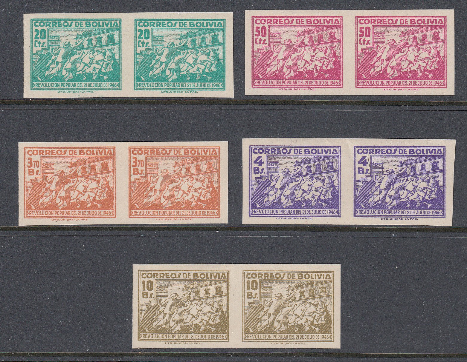 Bolivia 1947 Revolution Anniversary Imperf Pairs MNH/LM Mint. Scott 318-323 var