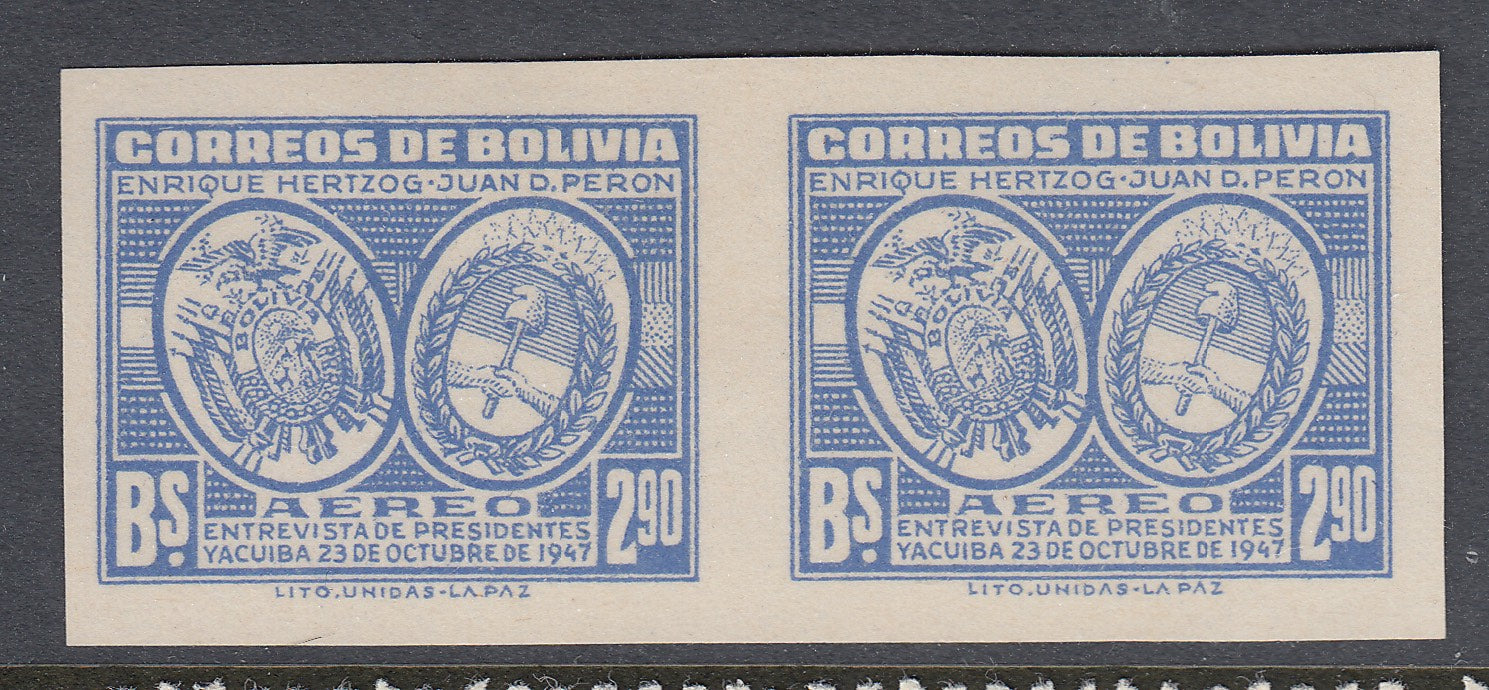 Bolivia 1947 2.90b Ultramarine Imperf Pair MNH/LM Mint. Scott C118a