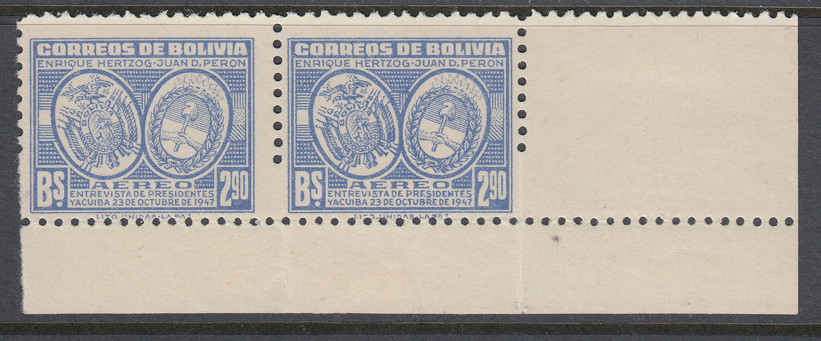 Bolivia 1947 2.90b Ultramarine Part Perf Pair Error MNH/LM Mint. Scott C118 var