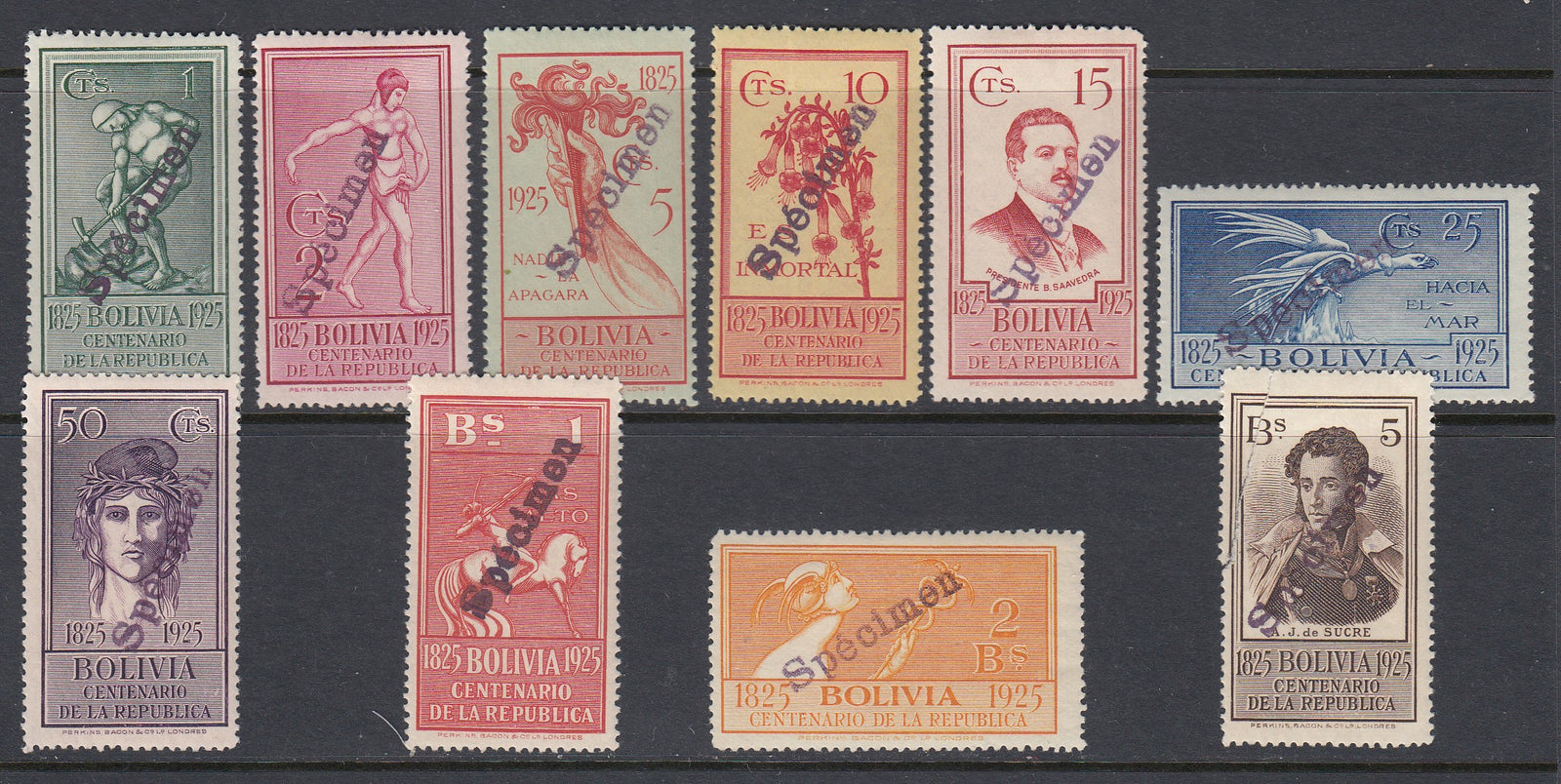 Bolivia 1925 Centenary Complete Specimen Set LM Mint. Scott 150-159 var