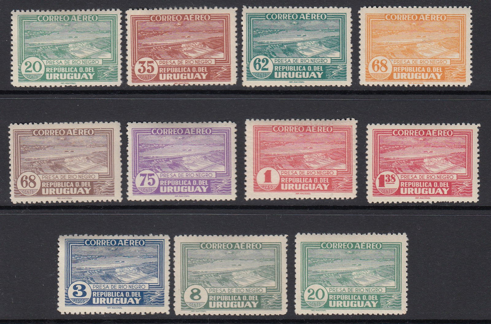 Uruguay 1937-41 Power Dam On Rio Complete Airmail Set VLM Mint. Scott C83-C90 + C91/2