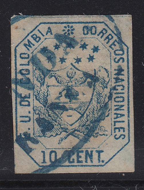 Colombia 1863 10c Blue, Period After 10, Used. Scott 25a
