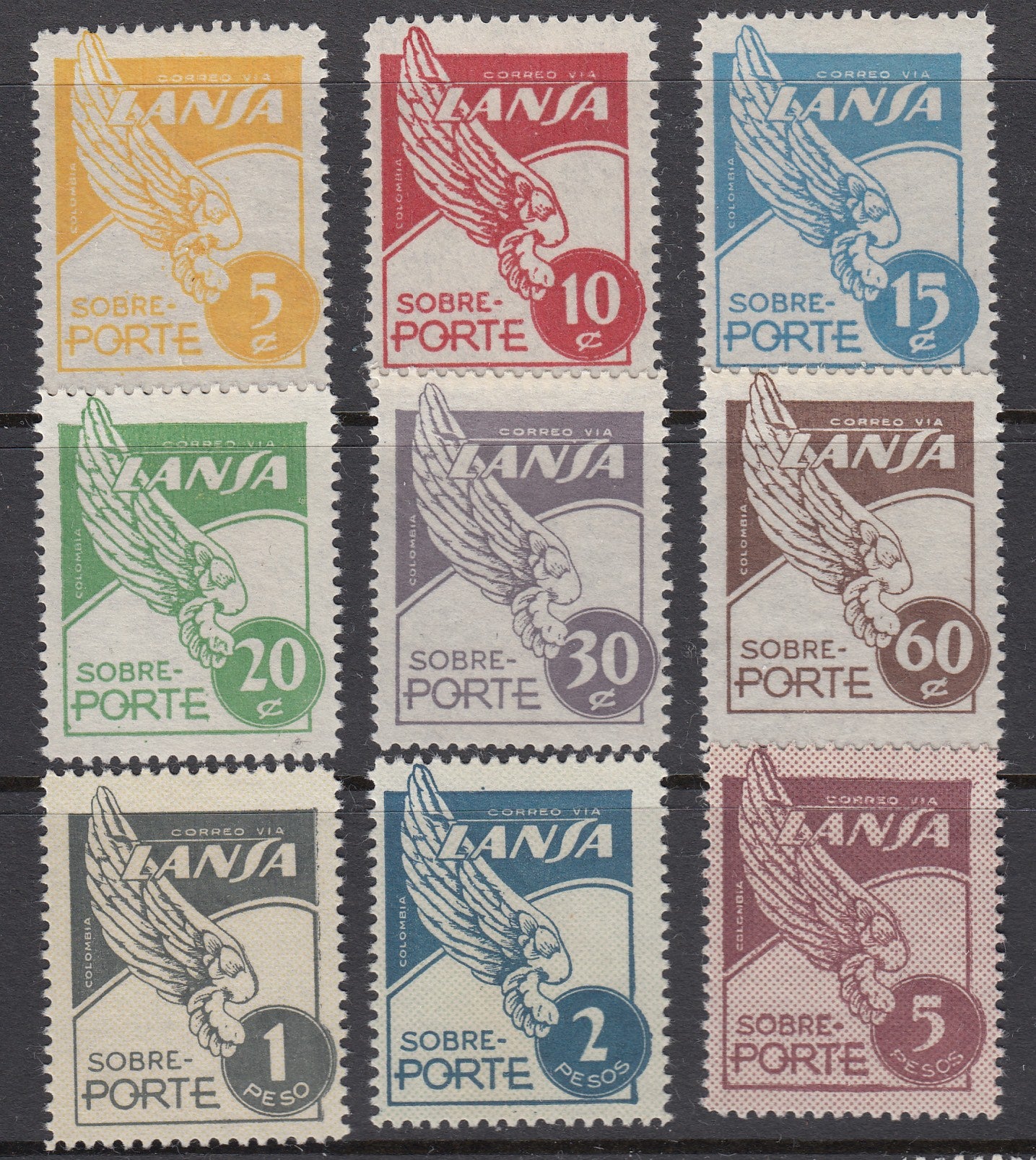Colombia 1950 LANSA Airmail Genuine Perf.12 Complete Set VLM Mint. Scott C166-C174