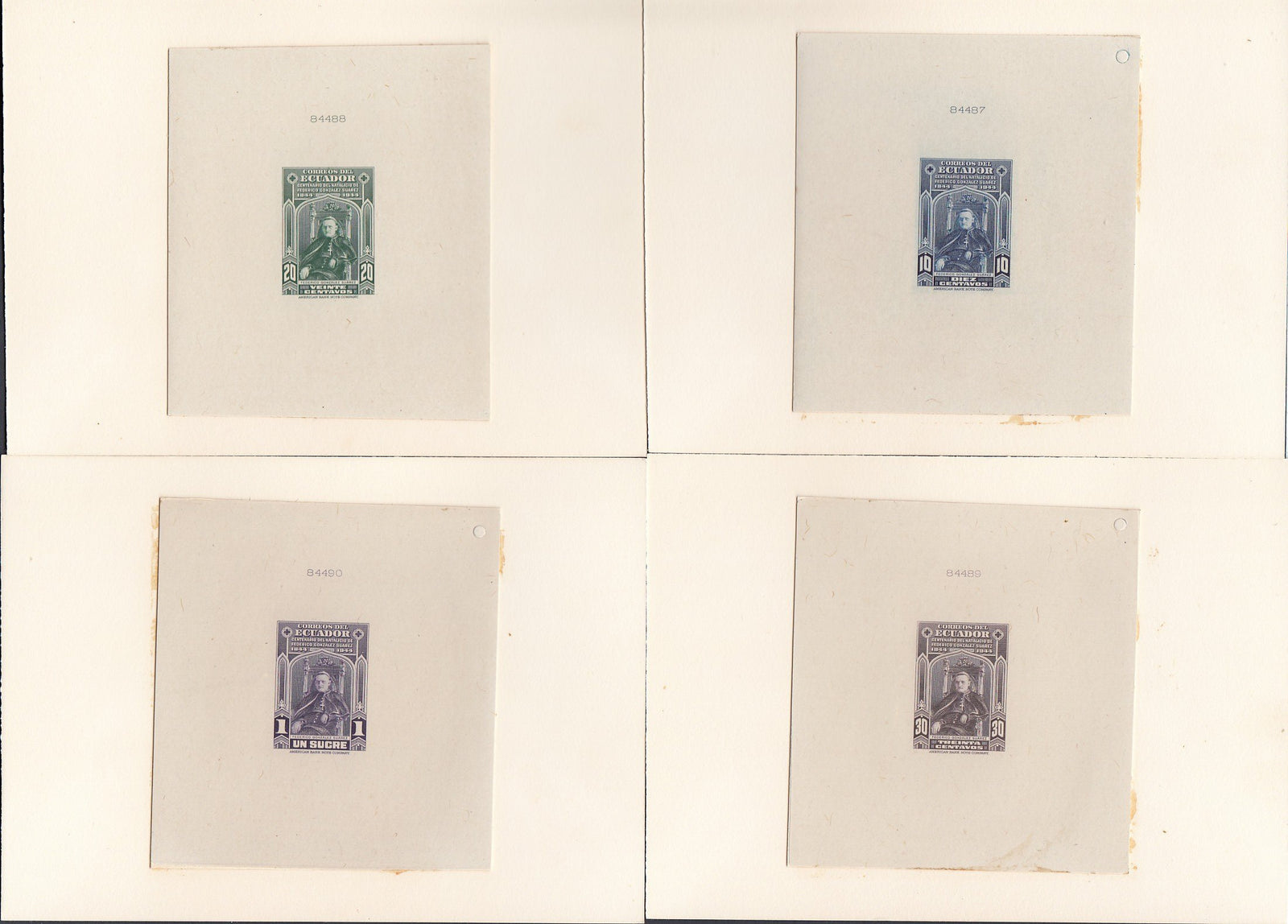 Ecuador 1944 Suarez Centenary Complete Set of Die Proofs. Scott 430-433 var