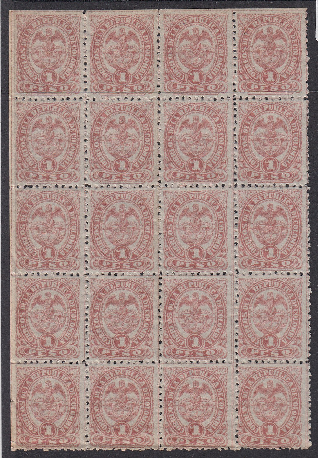 Colombia 1888 1p Claret Block of 20 MNH. Scott 137
