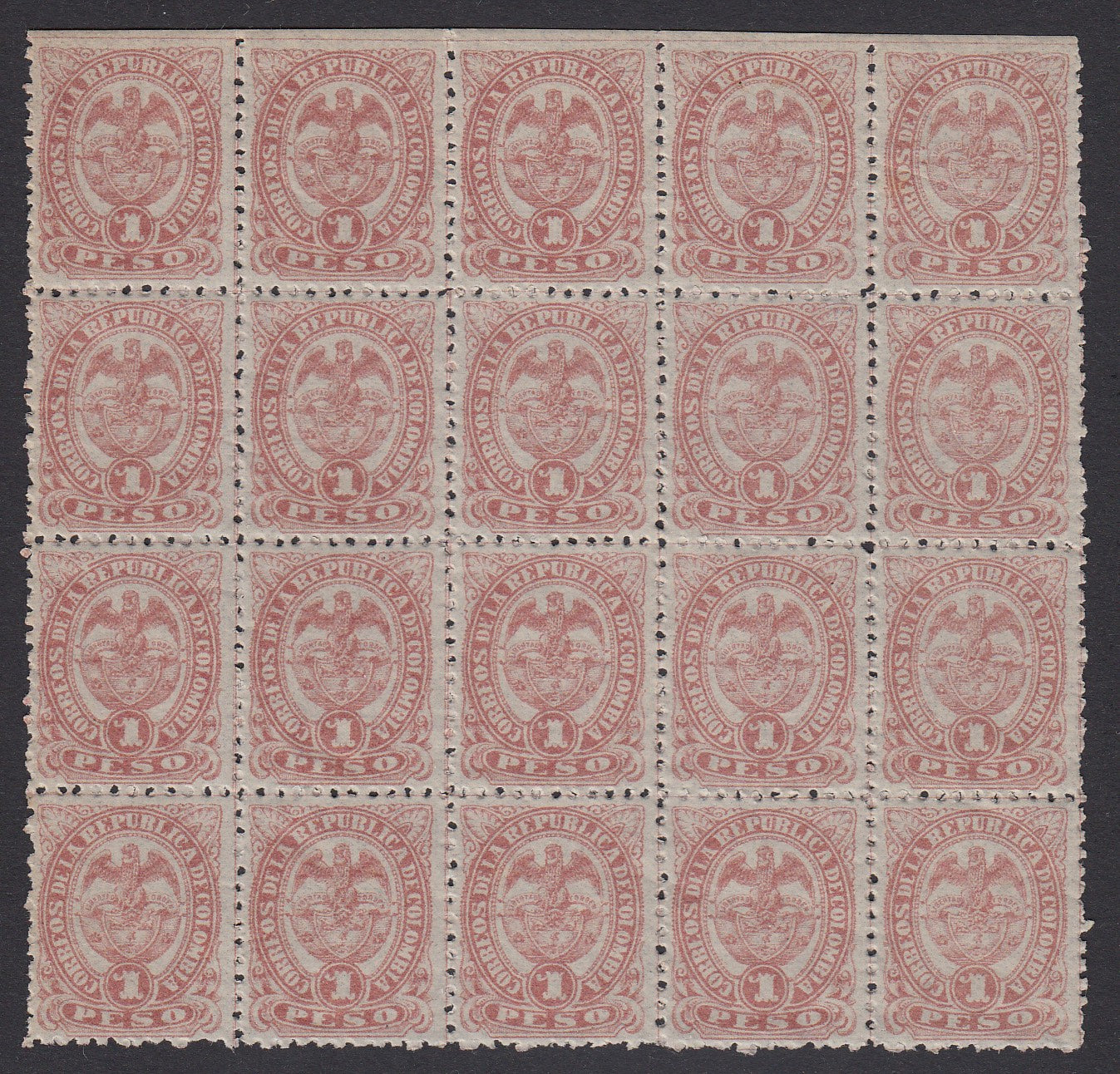 Colombia 1888 1p Claret Block of 20 MNH. Scott 137