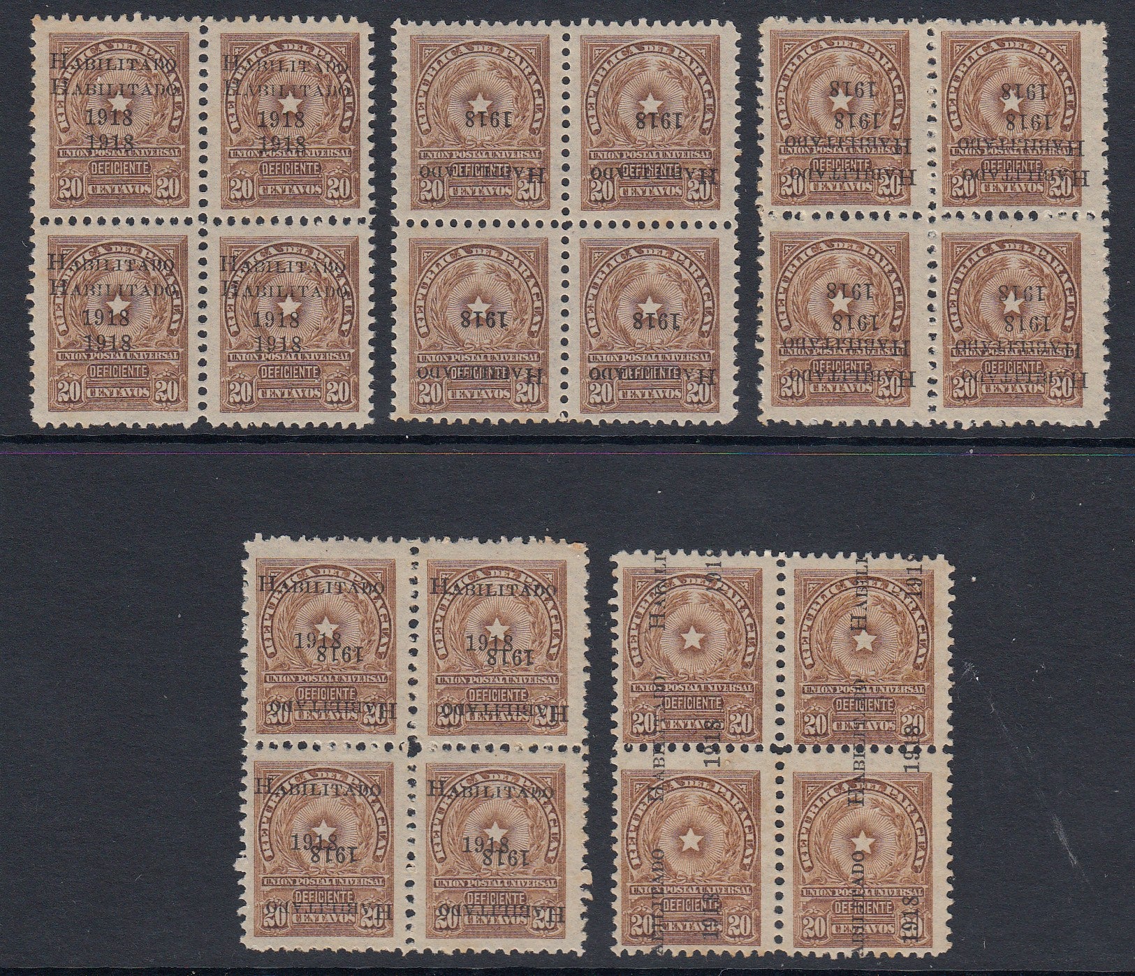 Paraguay 1918 20c Yellow Brown Habilitado Overprint Varieties in Blocks MNH/VLM Mint. Scott 222 var