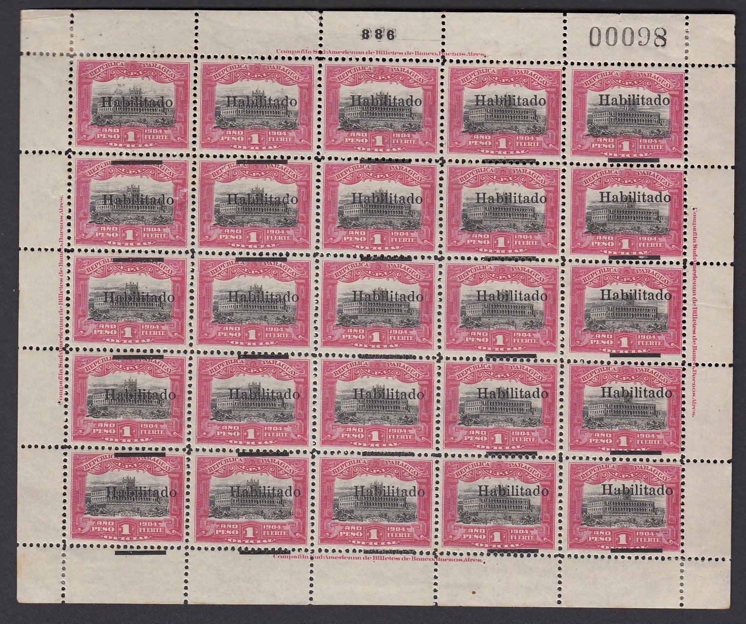 Paraguay 1908 1p Bright Rose & Black Habilitado Overprint Error with Bar Omitted Complete Sheet MNH. Scott 145a