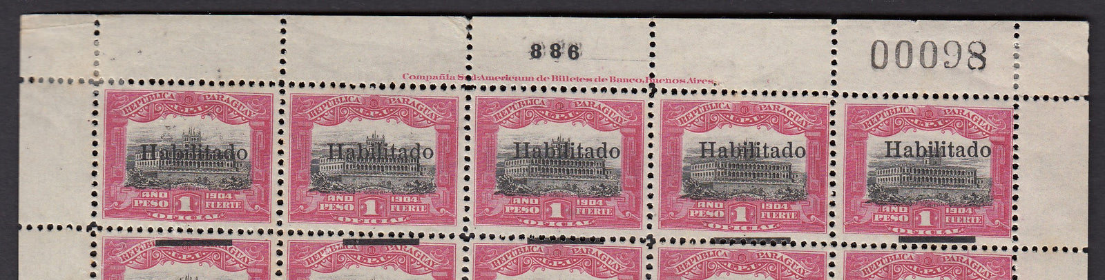 Paraguay 1908 1p Bright Rose & Black Habilitado Overprint Error with Bar Omitted Complete Sheet MNH. Scott 145a