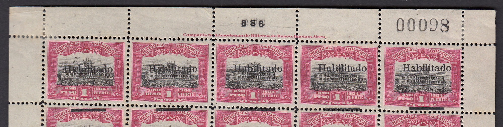 Paraguay 1908 1p Bright Rose & Black Habilitado Overprint Error with Bar Omitted Complete Sheet MNH. Scott 145a
