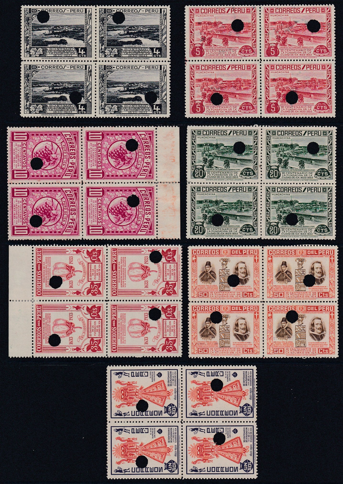Peru 1935 Complete Set of Waterlow File Copies in Blocks of Four. Scott 332-338 var