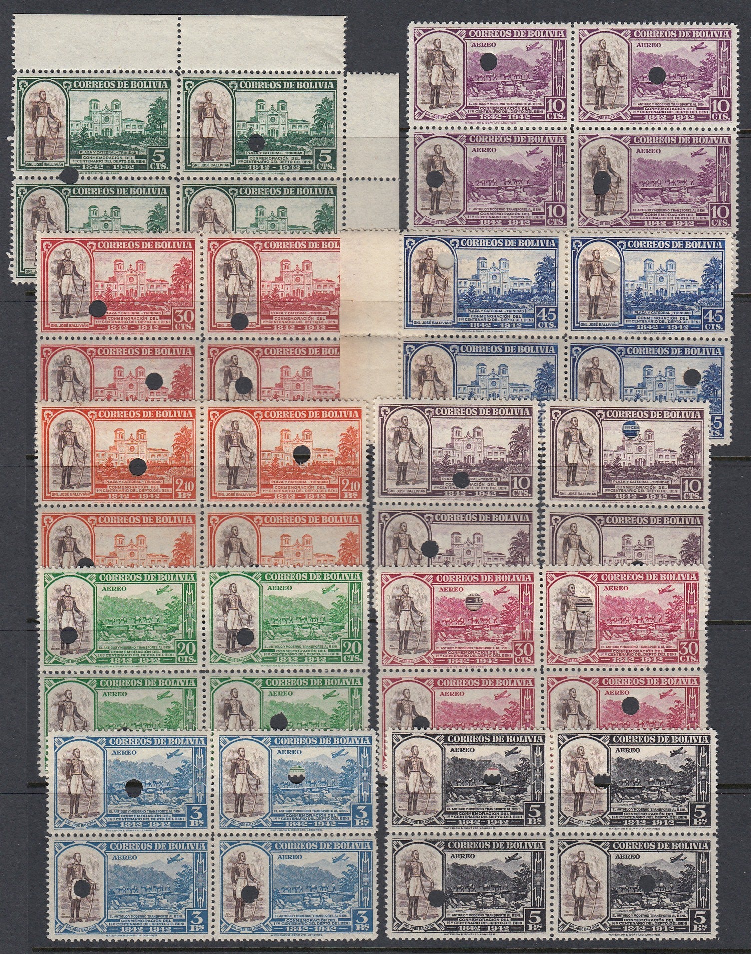 Bolivia 1943 Beni Centenary Complete Set inc. Airmails Waterlow File Copy Blocks MNH. Scott 297-301, C91-C95 var