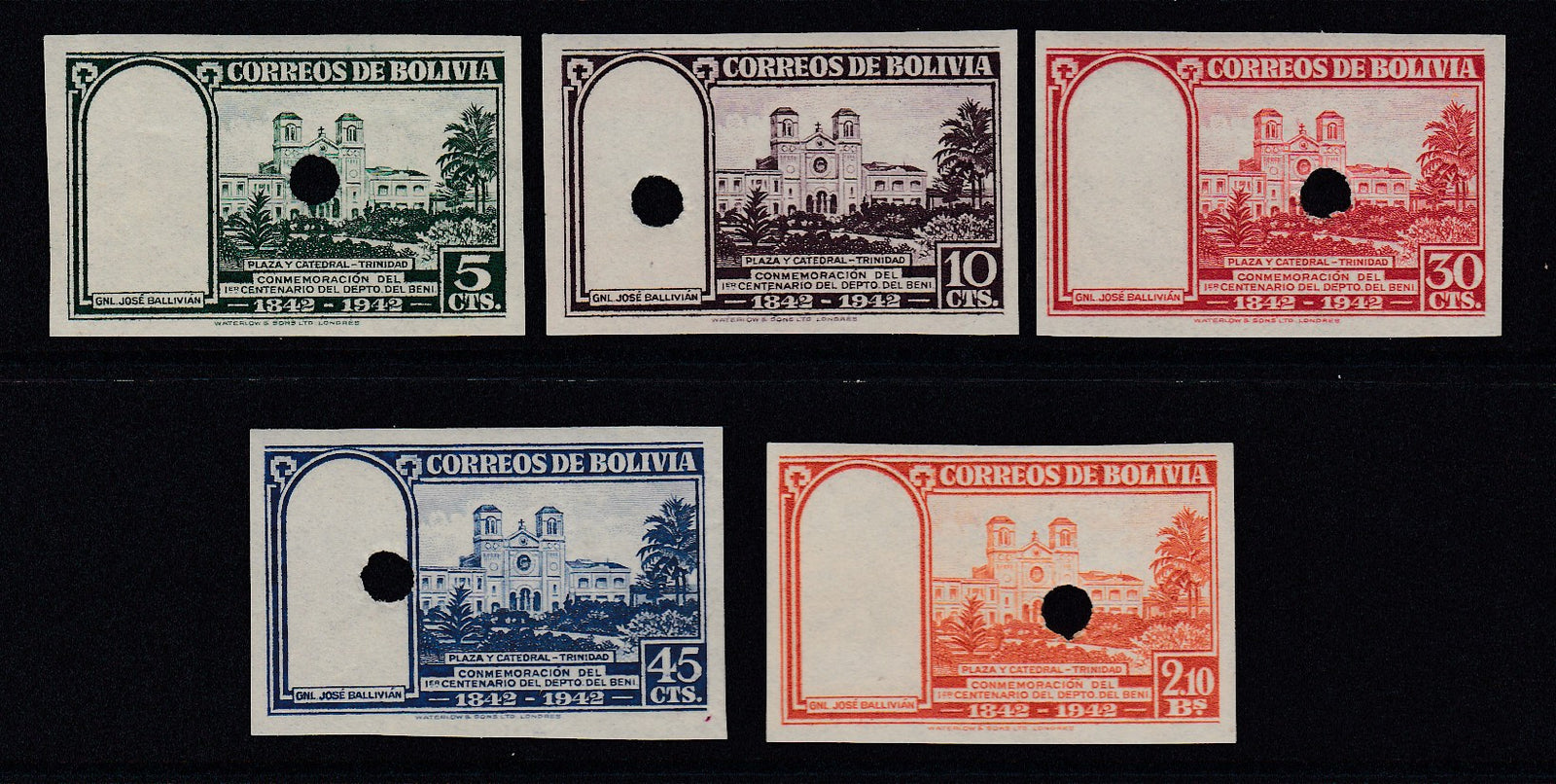 Bolivia 1943 Beni Centenary Intermediate Plate Proofs Complete Set MNH. Scott 297-301 var