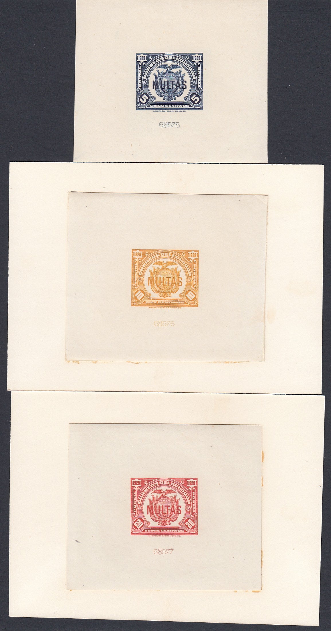 Ecuador 1929 Postage Due Complete Set of Die Proofs. Scott J15-J17 var