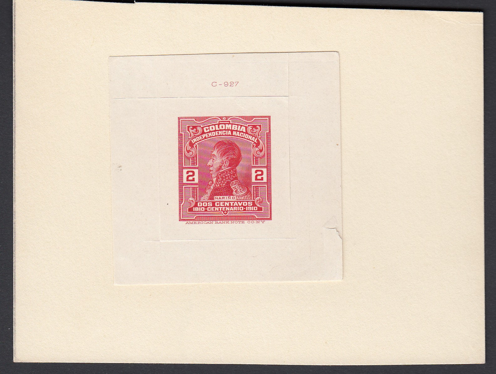 Colombia 1910 2c Scarlet Die Proof. Scott 333 var