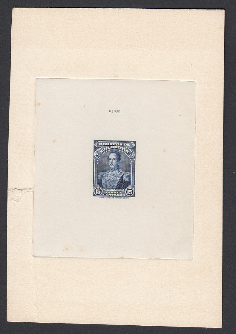 Colombia 1940-43 15c Deep Blue Sunken Die Proof. Scott 489 var