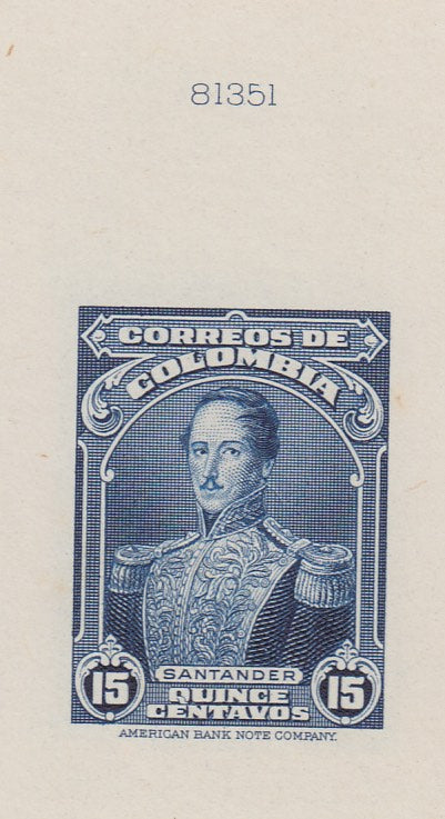 Colombia 1940-43 15c Deep Blue Sunken Die Proof. Scott 489 var