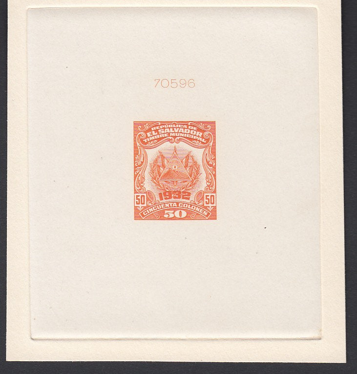 El Salvador 1932 50c Orange Municipal Revenue Sunken Die Proof. Ross 350 var