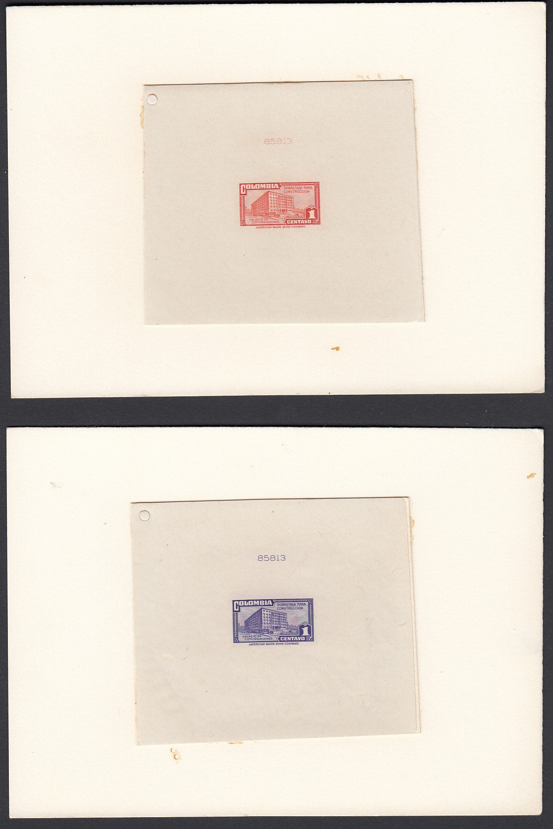 Colombia 1945-48 1c Postal Tax Die Proofs x 2. Scott RA23 & RA23a var
