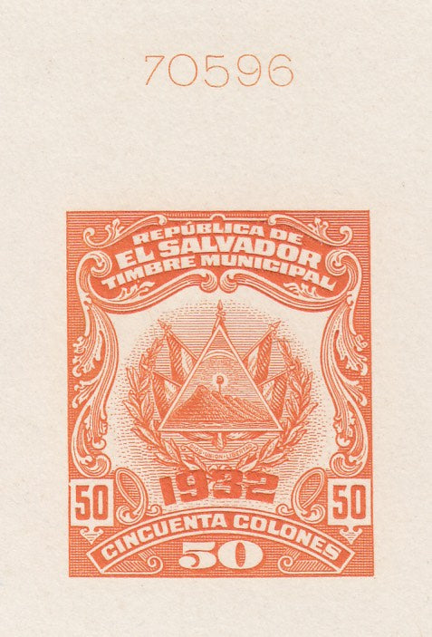 El Salvador 1932 50c Orange Municipal Revenue Sunken Die Proof. Ross 350 var