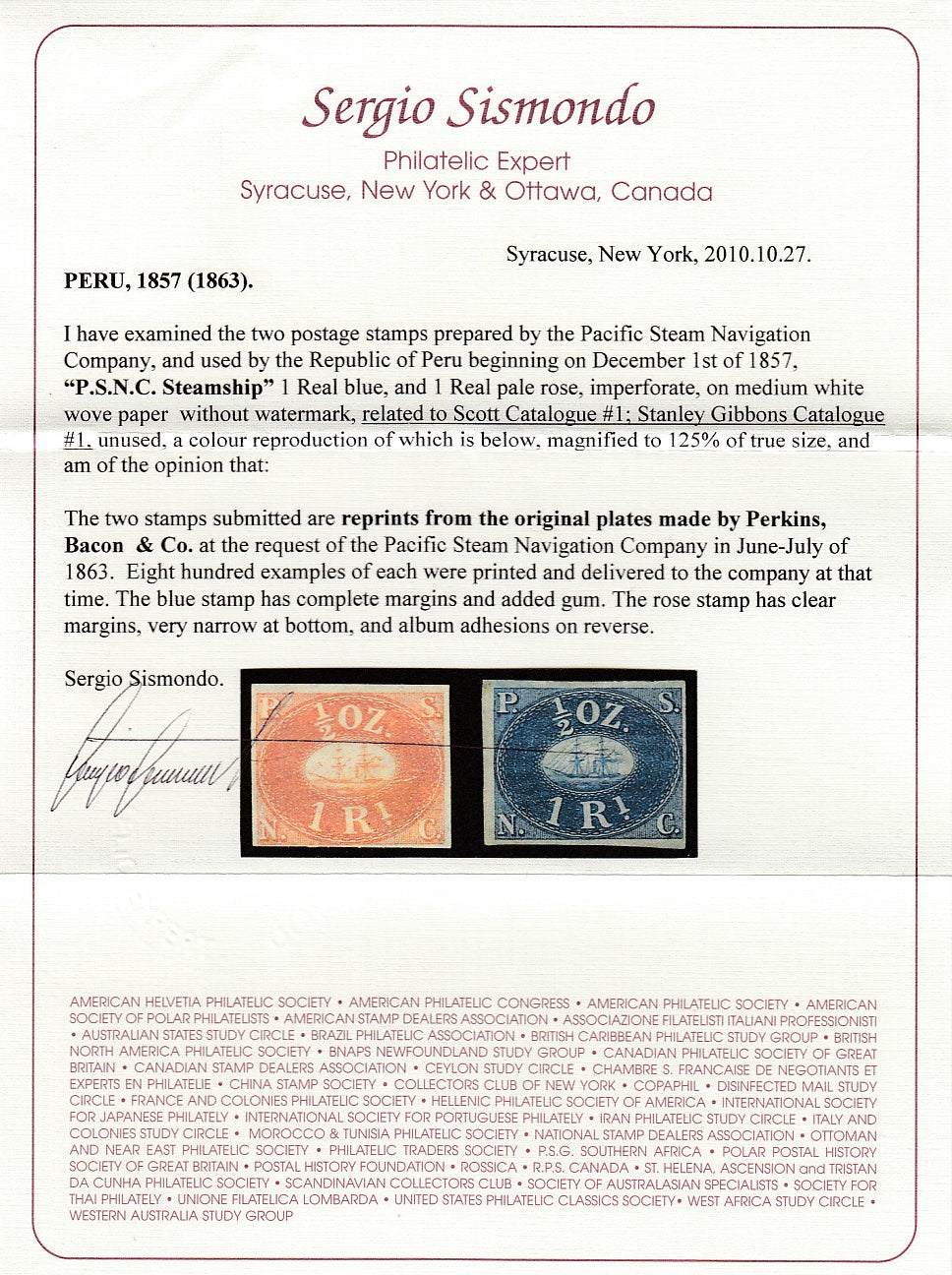 Peru 1857 1r Blue & Brown Red Imperforate M Mint. Scott 1 var