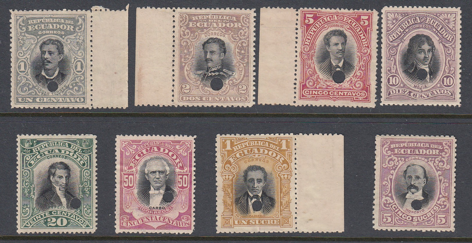 Ecuador 1899 Personalities Complete Specimen Set. Scott 137-144 var