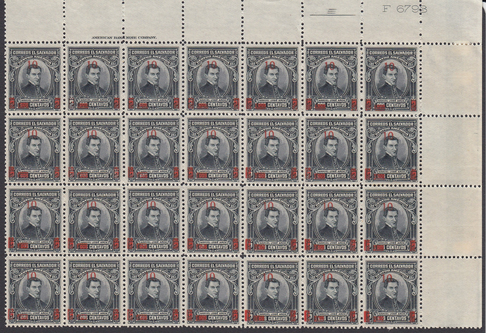 El Salvador 1923 10c on 2c Black Multiple MNH. Scott 485