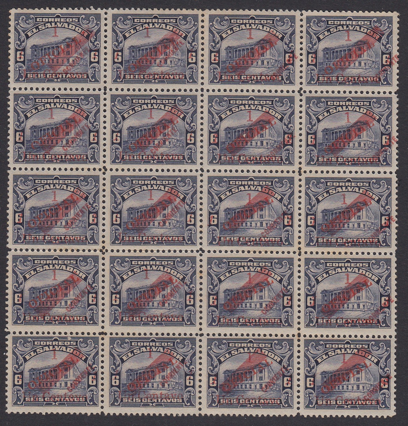 El Salvador 1917 1c on 6c Gray Violet Block MNH. Scott 451