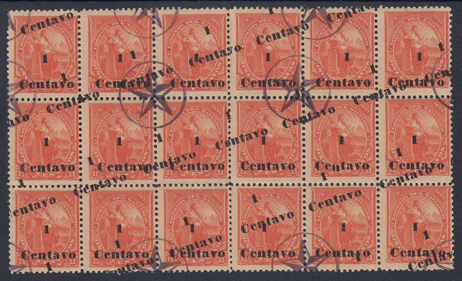 El Salvador 1894 1c on 11c Vermilion Double Surcharge Error Multiple Used. Scott 104b