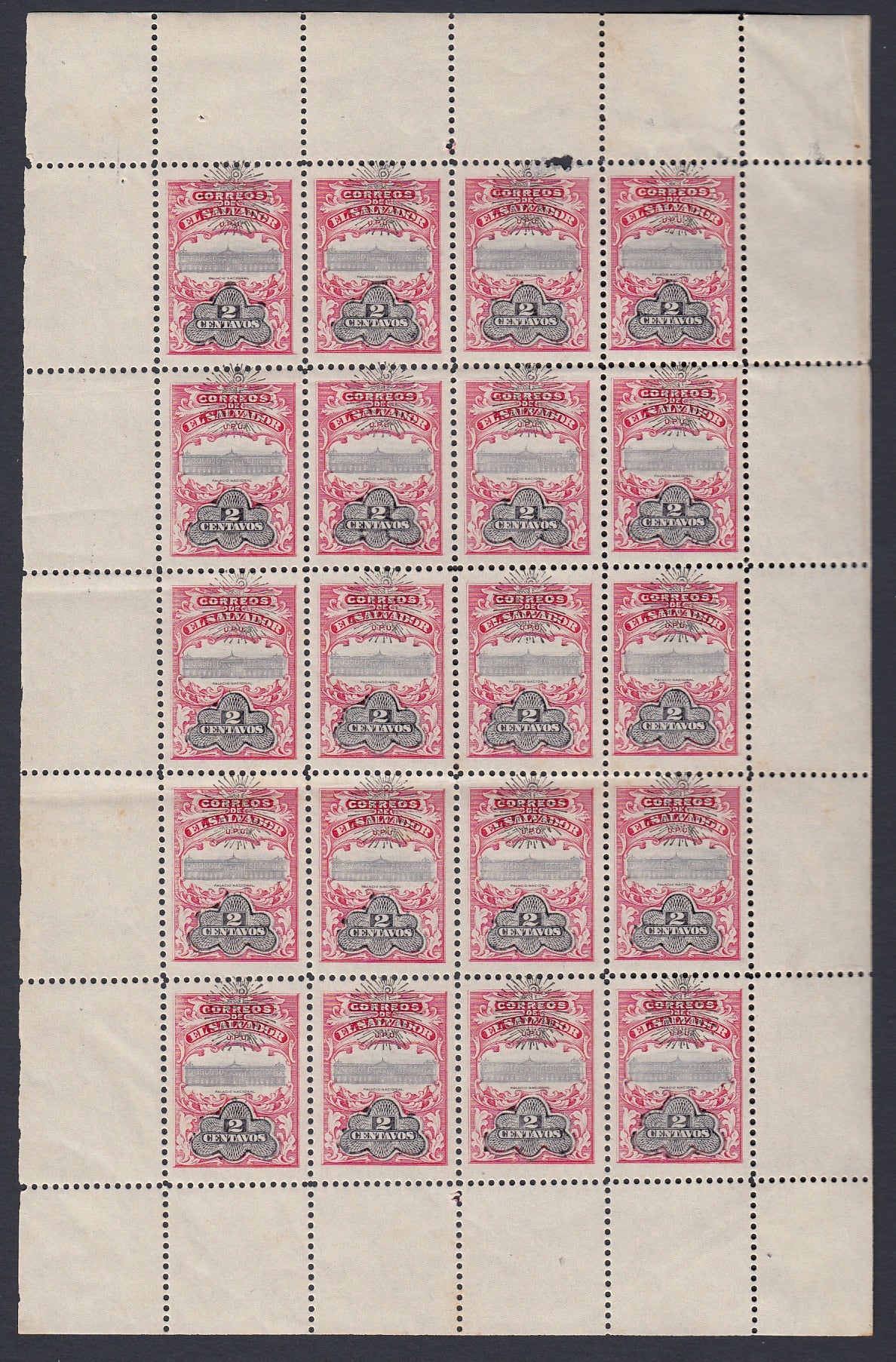 El Salvador 1907 2c Red & Black Complete Pane MNH. Scott 356