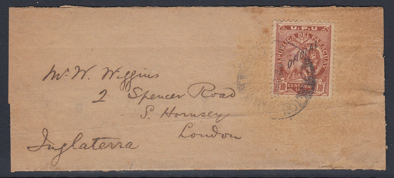 Paraguay 1903 10c Orange Brown Official on Wrapper to London. Scott O53