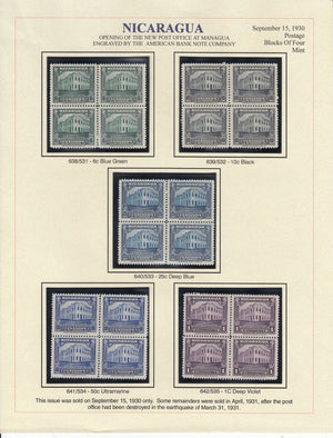 Nicaragua 1930 New Post Office Complete Set in Blocks LM Mint. Scott 525-535