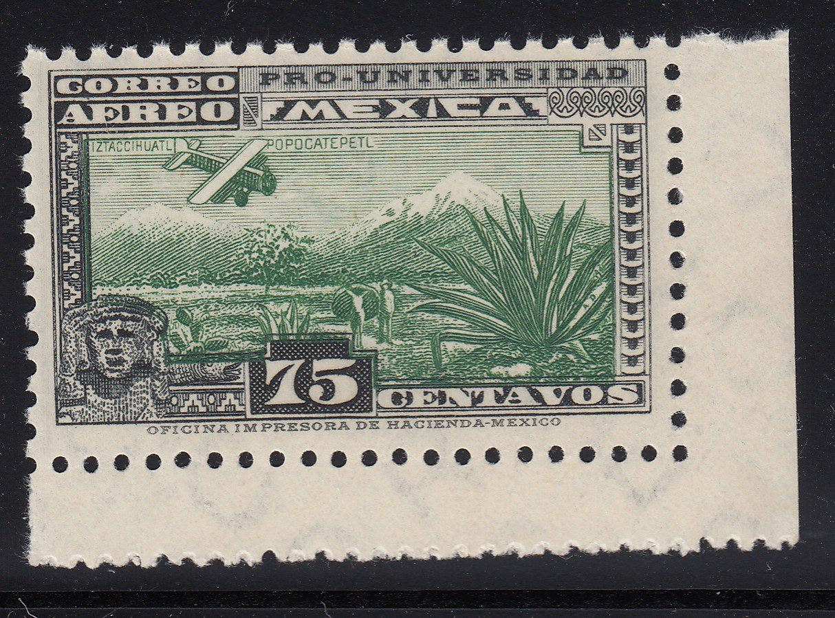 Mexico 1934 75c Black & Yellow Green Marginal National University Airmail Issue MNH. Scott C57