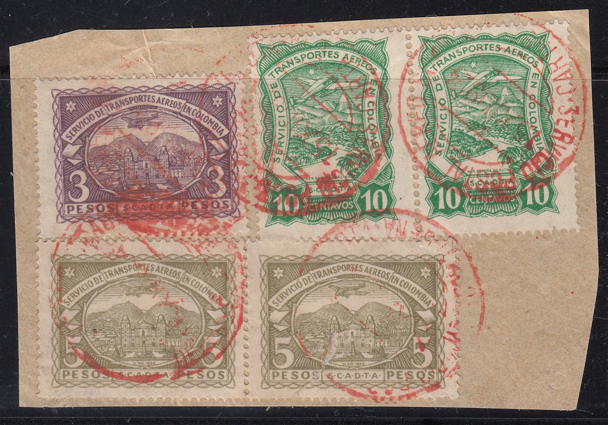 Colombia SCADTA 1923-28 3p & 5p Airmail High Values on Piece Used. Scott C39, C49, C50