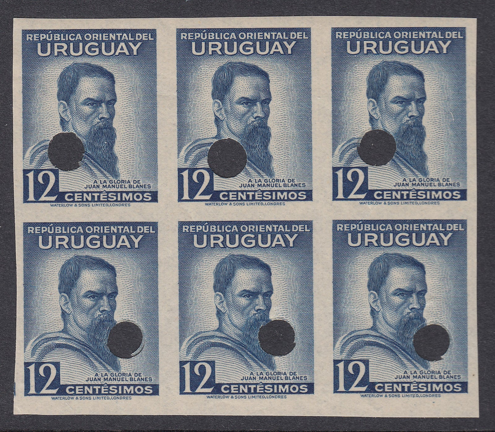 Uruguay 1941 12c Deep Blue Blanes Waterlow Plate Proof Block x 6 MNH. Scott 516 var
