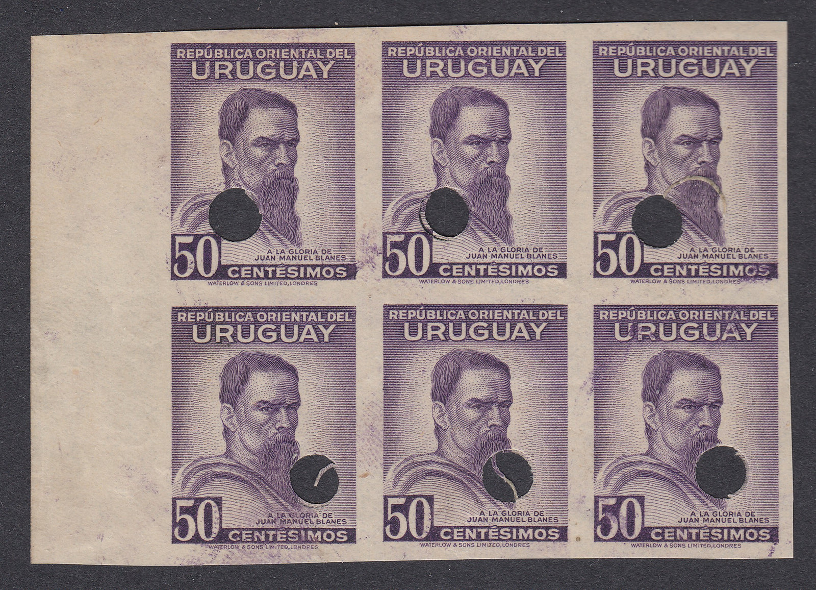 Uruguay 1941 50c Dark Violet Blanes Waterlow Plate Proof Block x 6 MNH. Scott 517 var