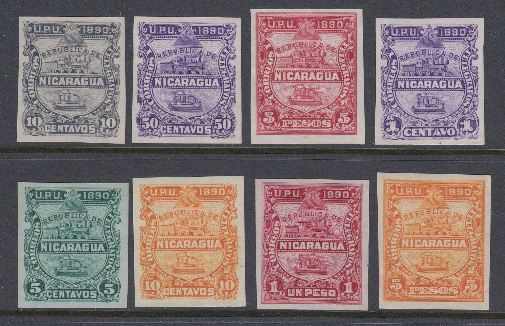 Nicaragua 1890 Imperf Proofs / Color Trial Selection Mint. Scott 21-27 var