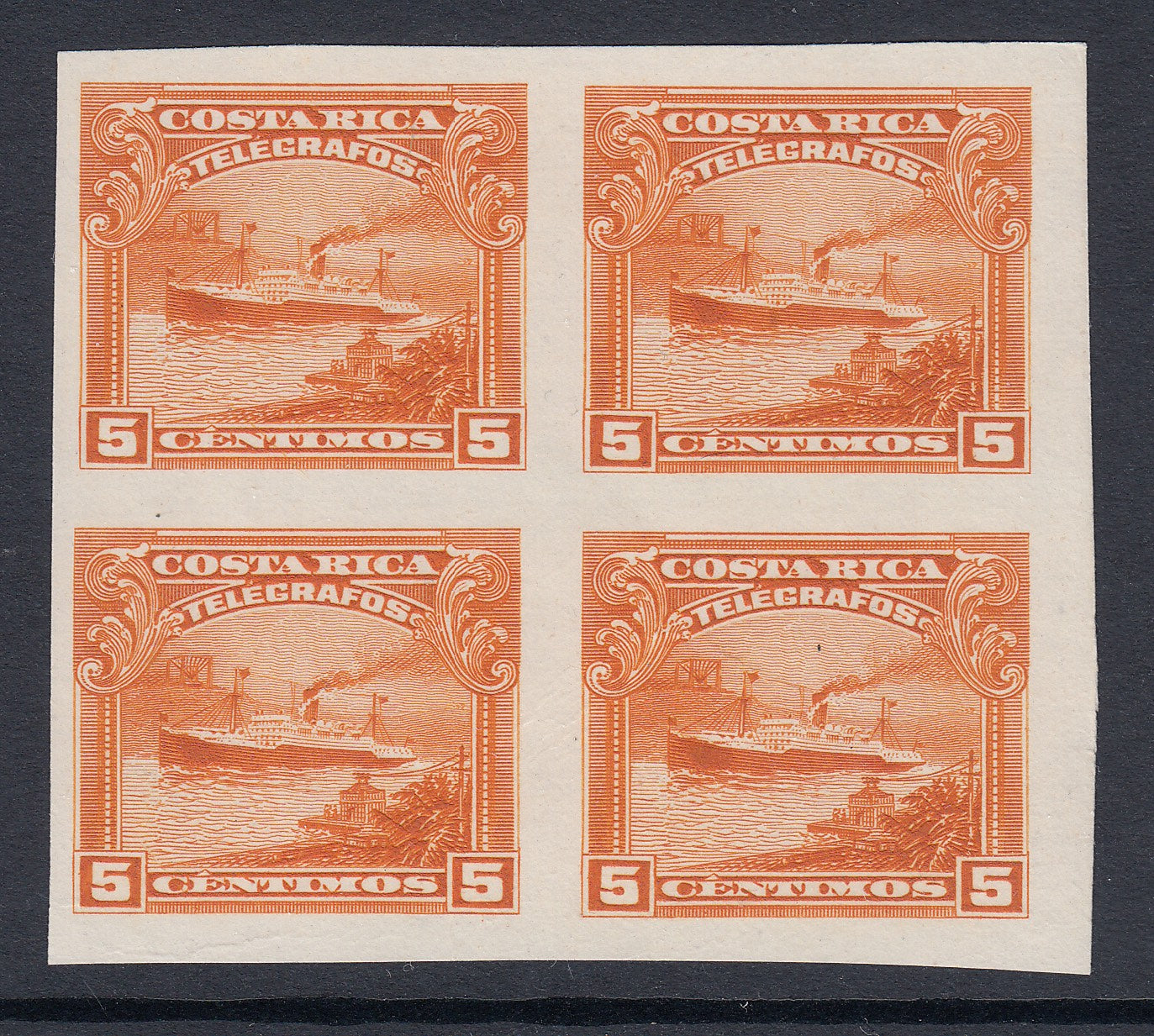 Costa Rica 1910 5c Orange Ship Telegraph ABNC Plate Proof Block. Hiscocks 13