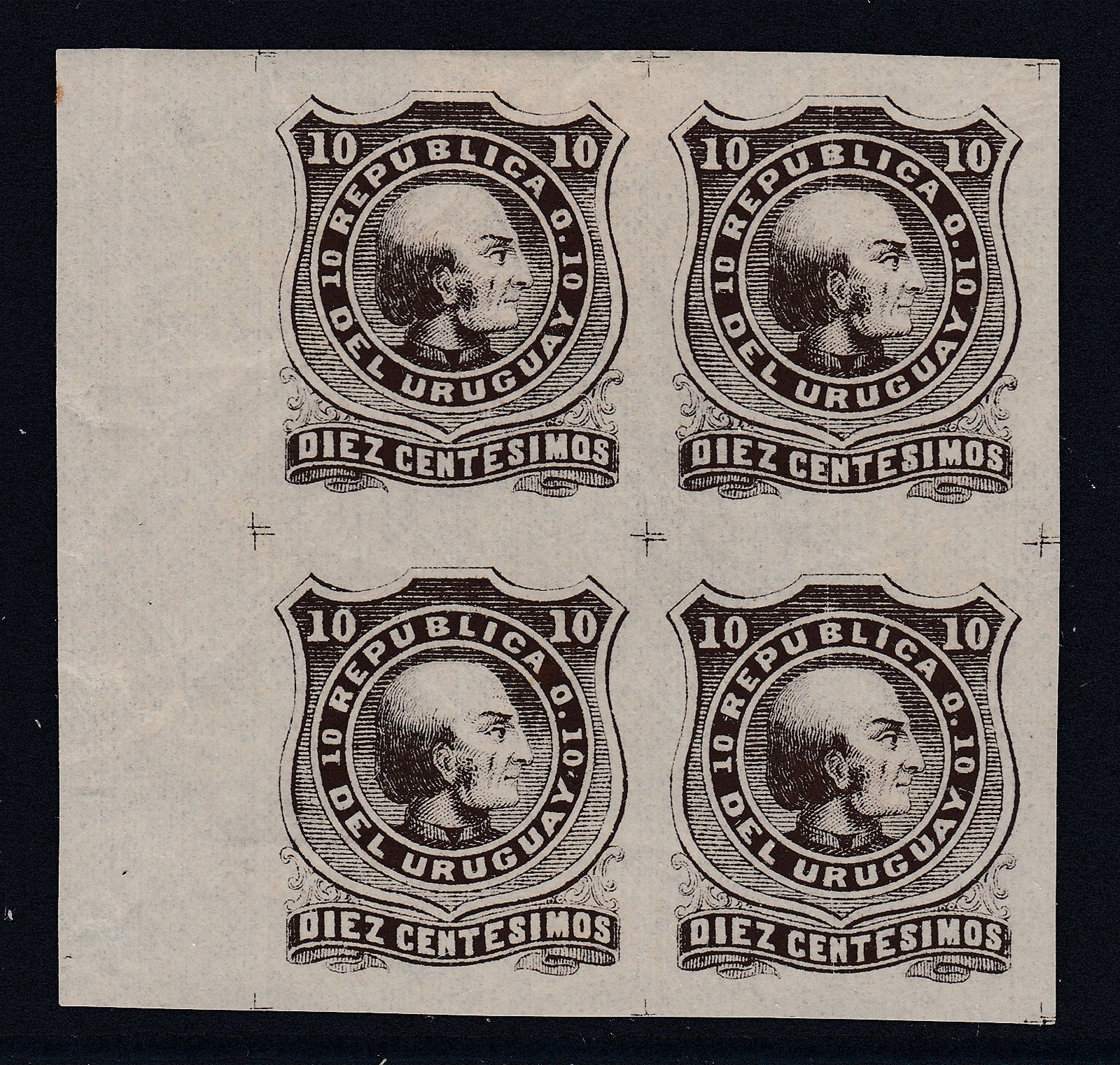 Uruguay 1883 10c Brown Artigas Plate Proof Block M Mint. Scott 51 var