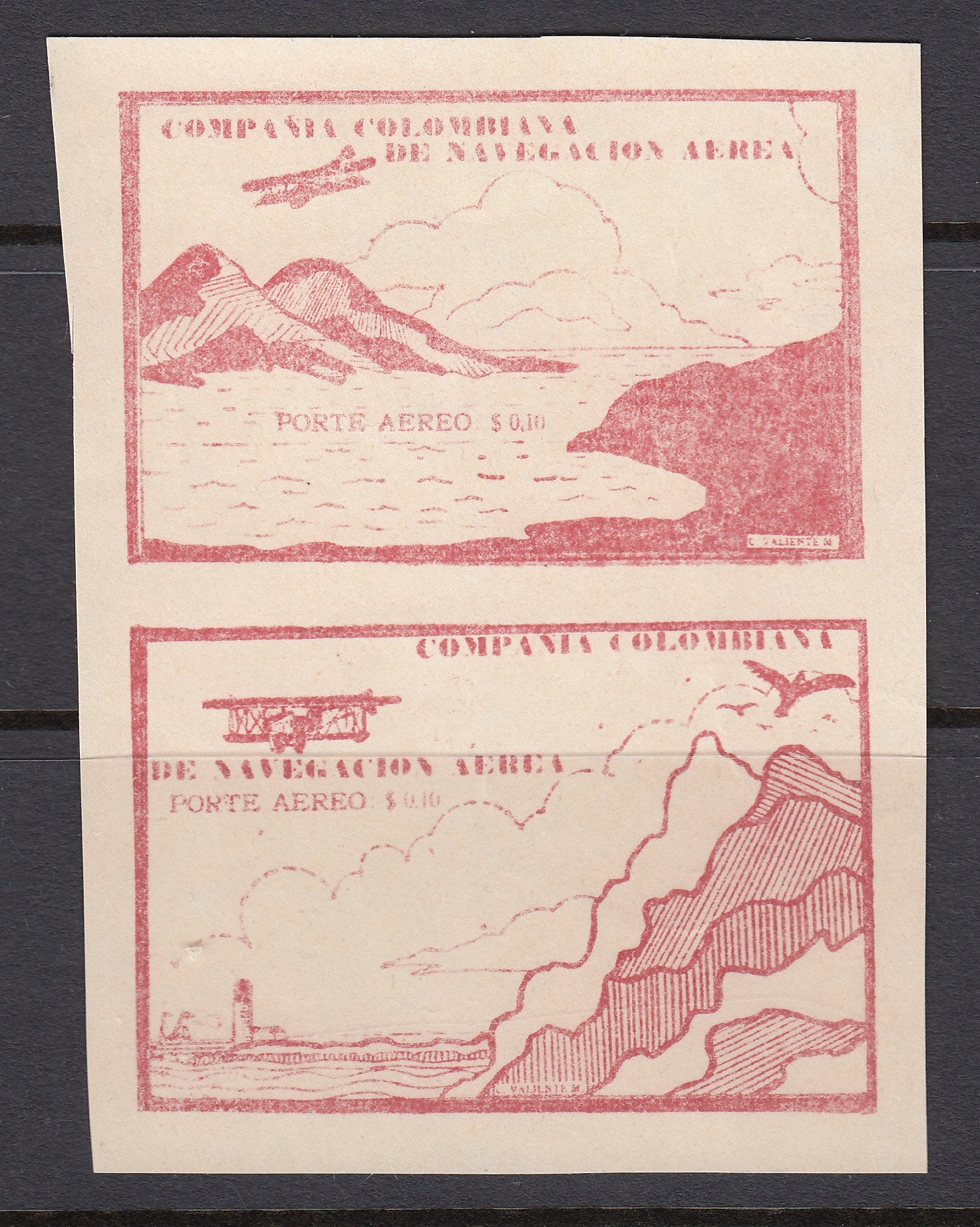 Colombia 1920 CCNA 10c Red Brown Se-Tenant Airmail Pair MNH. Scott C11C & C11D