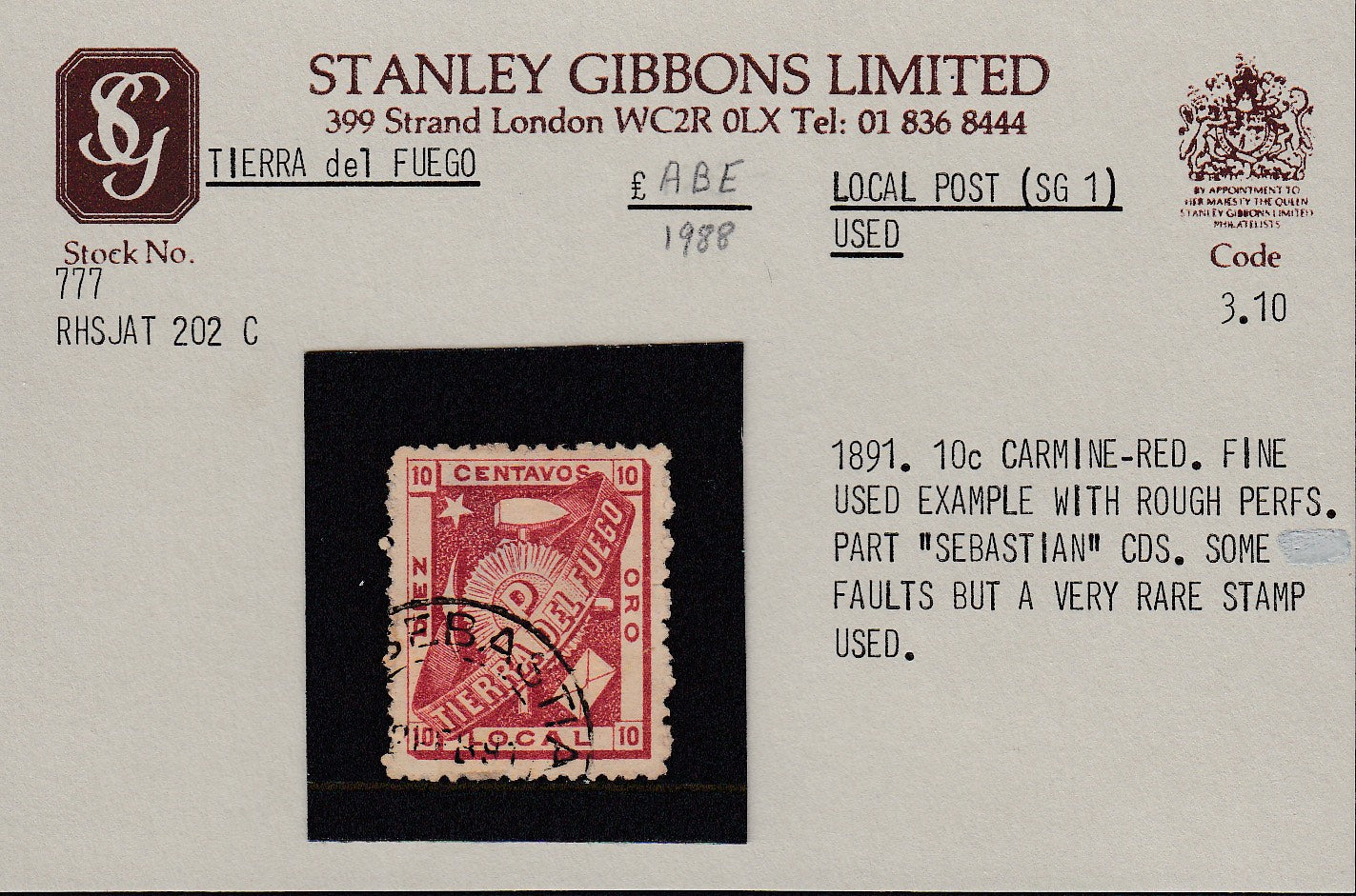 Tierra del Fuego 1891 10c Carmine Rose Earliest Known Useage. Scott Unlisted, SG1