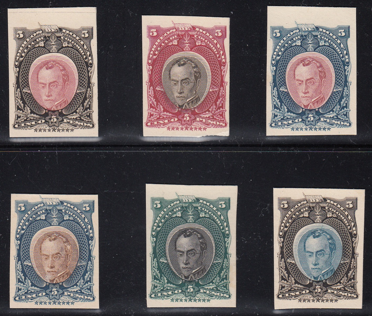 Colombian States Bolivar 1882 5c Plate Proof Colour Trials x 6. Scott 35 var